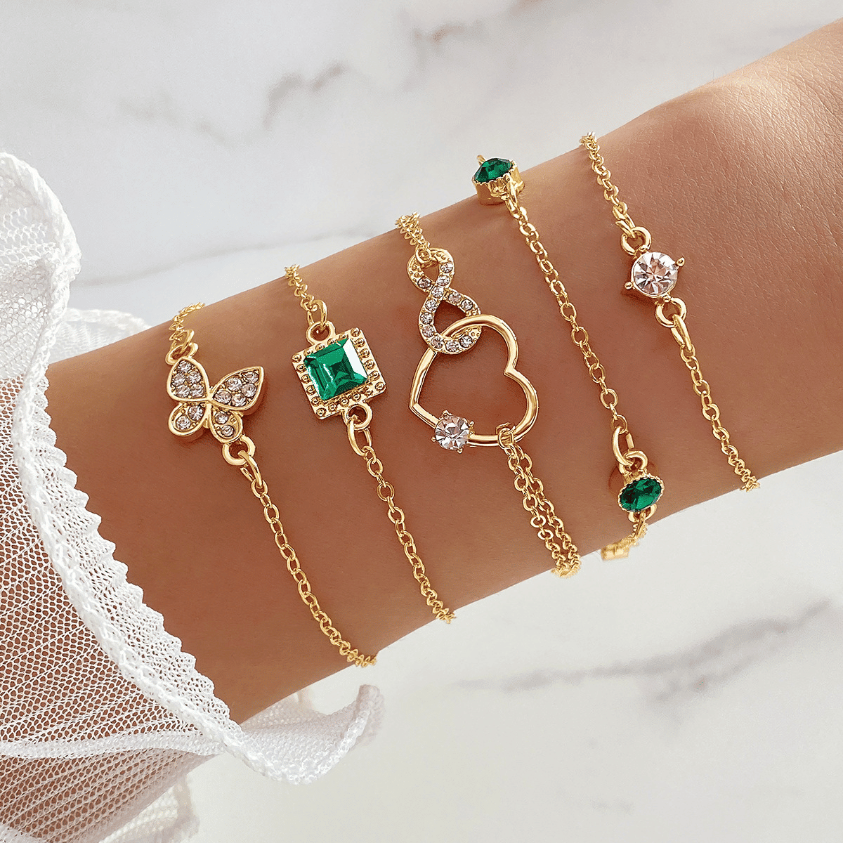 Chic Adjustable Green Gemstone Gold Stackable Heart Bracelet Set for Women
