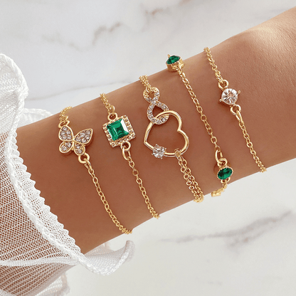 Chic Adjustable Green Gemstone Gold Stackable Heart Bracelet Set for Women