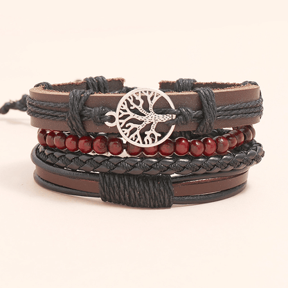 Men's 4-Piece Vintage Braided Leather Bracelet Set - Life Tree Rudder Charm Wood Beads