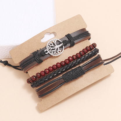 Men's 4-Piece Vintage Braided Leather Bracelet Set - Life Tree Rudder Charm Wood Beads