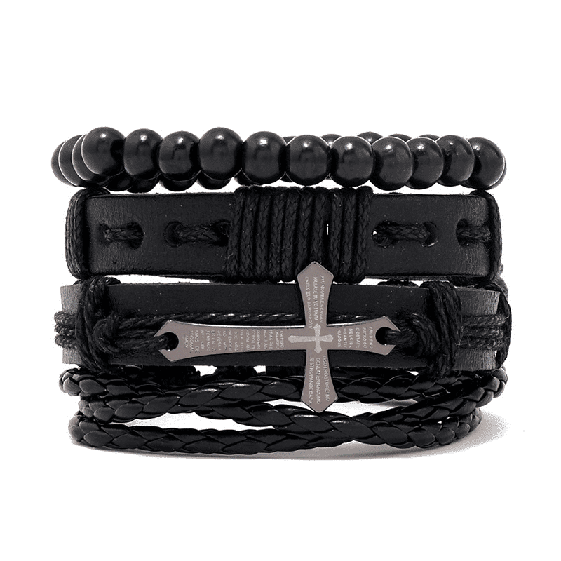 Men's 4-Piece Vintage Braided Leather Bracelet Set - Life Tree Rudder Charm Wood Beads
