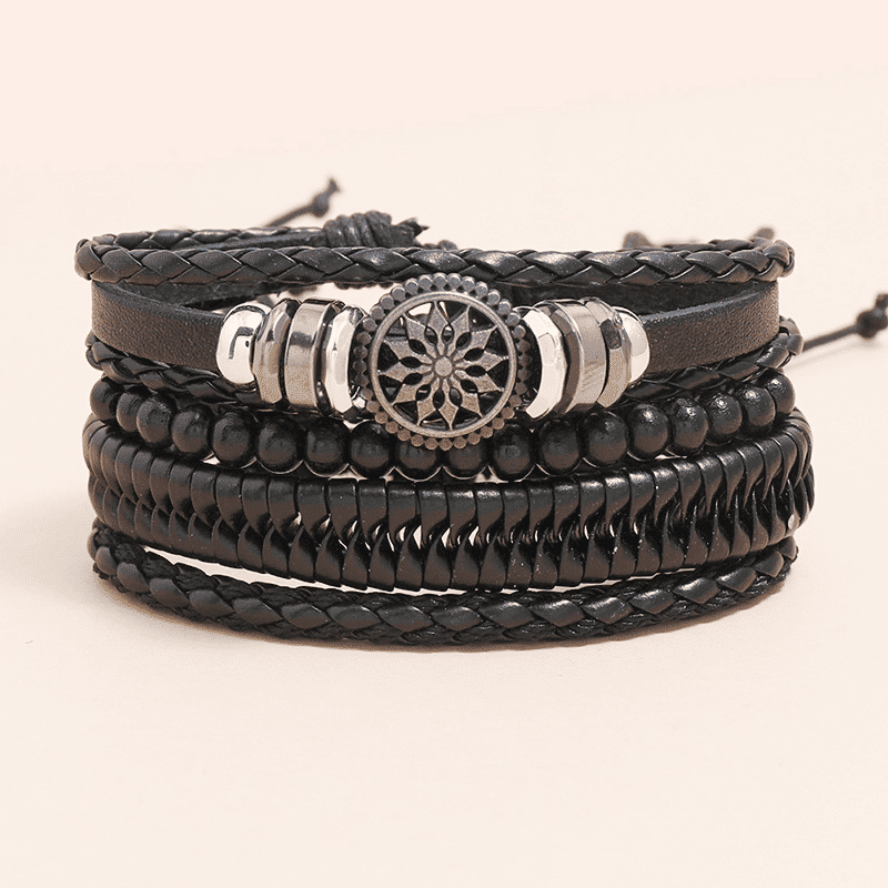 Men's 4-Piece Vintage Braided Leather Bracelet Set - Life Tree Rudder Charm Wood Beads