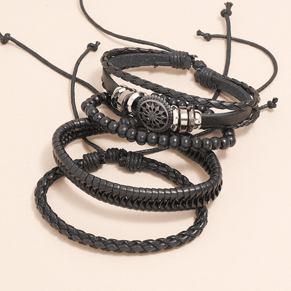 Men's 4-Piece Vintage Braided Leather Bracelet Set - Life Tree Rudder Charm Wood Beads
