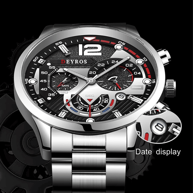 Luxury Men's Stainless Steel Quartz Watch with Luminous Calendar Display