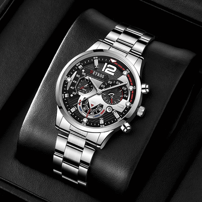 Luxury Men's Stainless Steel Quartz Watch with Luminous Calendar Display