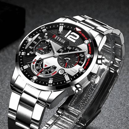 Luxury Men's Stainless Steel Quartz Watch with Luminous Calendar Display