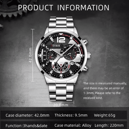 Luxury Men's Stainless Steel Quartz Watch with Luminous Calendar Display
