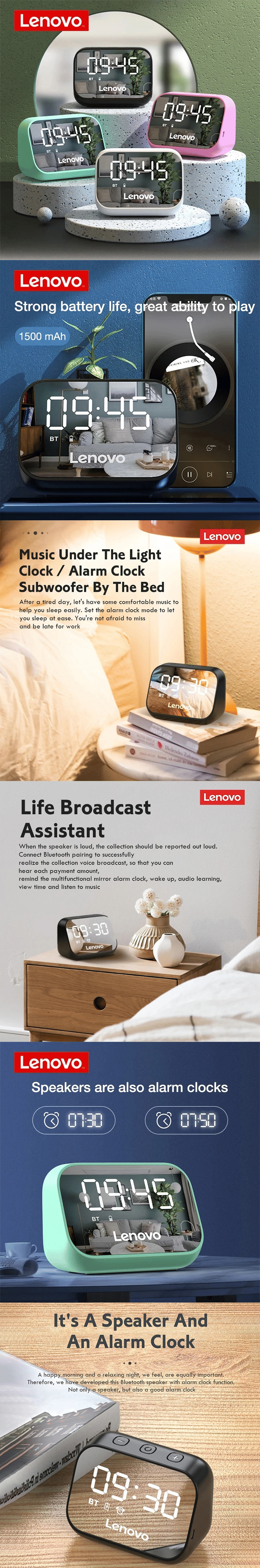 Lenovo ThinkPlus TS13 Portable Wireless Bluetooth Speaker, LED Digital Alarm Clock