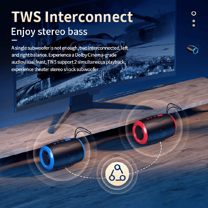Portable TWS Bluetooth Speaker: Long-Life Battery, Powerful Stereo Sound, Compact Design