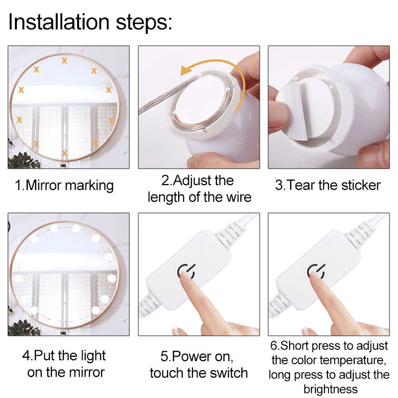 Adjustable 10 LED Vanity Mirror Lights: 3-Color USB Dressing Table Fill Light