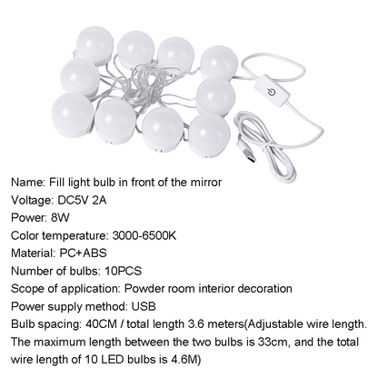 Adjustable 10 LED Vanity Mirror Lights: 3-Color USB Dressing Table Fill Light