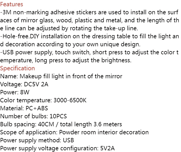 Adjustable 10 LED Vanity Mirror Lights: 3-Color USB Dressing Table Fill Light