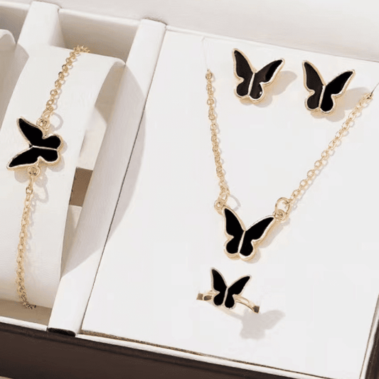 2024 Winter Fashion Alloy Butterfly Four-Piece Jewelry Set - Necklace, Earrings, Bracelet