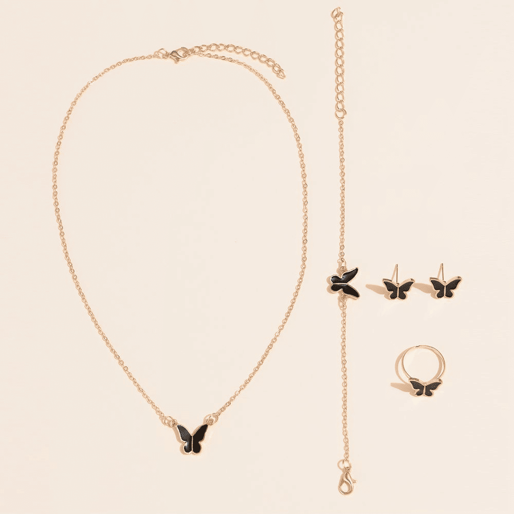 2024 Winter Fashion Alloy Butterfly Four-Piece Jewelry Set - Necklace, Earrings, Bracelet