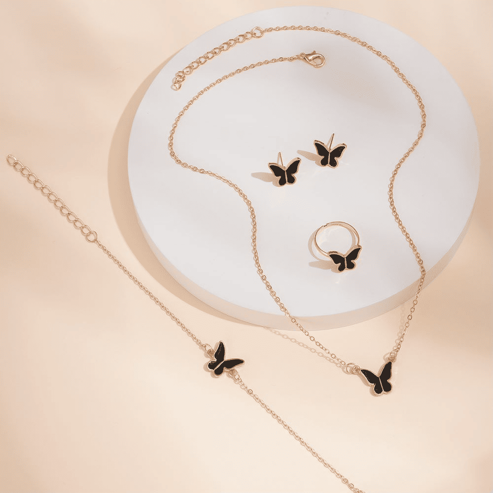2024 Winter Fashion Alloy Butterfly Four-Piece Jewelry Set - Necklace, Earrings, Bracelet