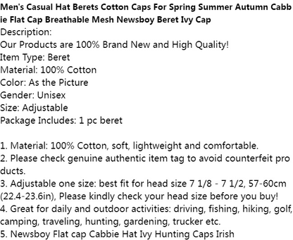 Men's Breathable Cotton Cabbie Flat Cap - Stylish Newsboy Beret Ivy Hat