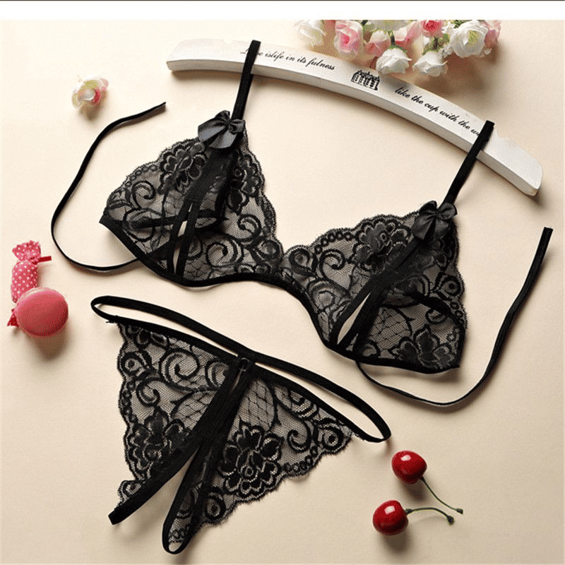 Sensual Three-Point Open Cut Lace Lingerie Set with Thong for Women