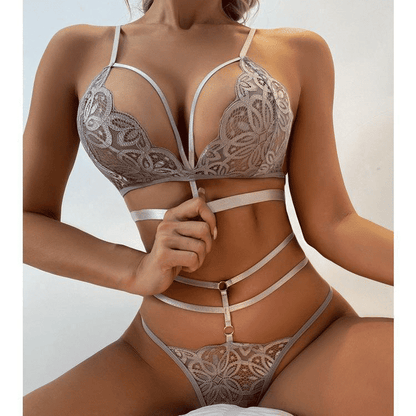 Women's Floral Lace Lingerie Set: Elegant Cut-Out Bra & Thong Underwear