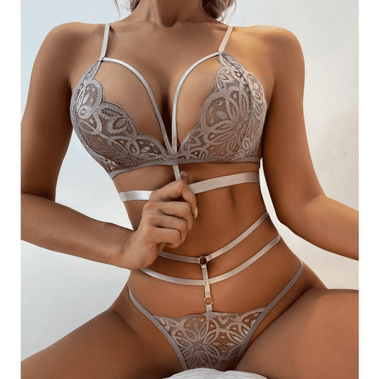 Women's Floral Lace Lingerie Set: Elegant Cut-Out Bra & Thong Underwear