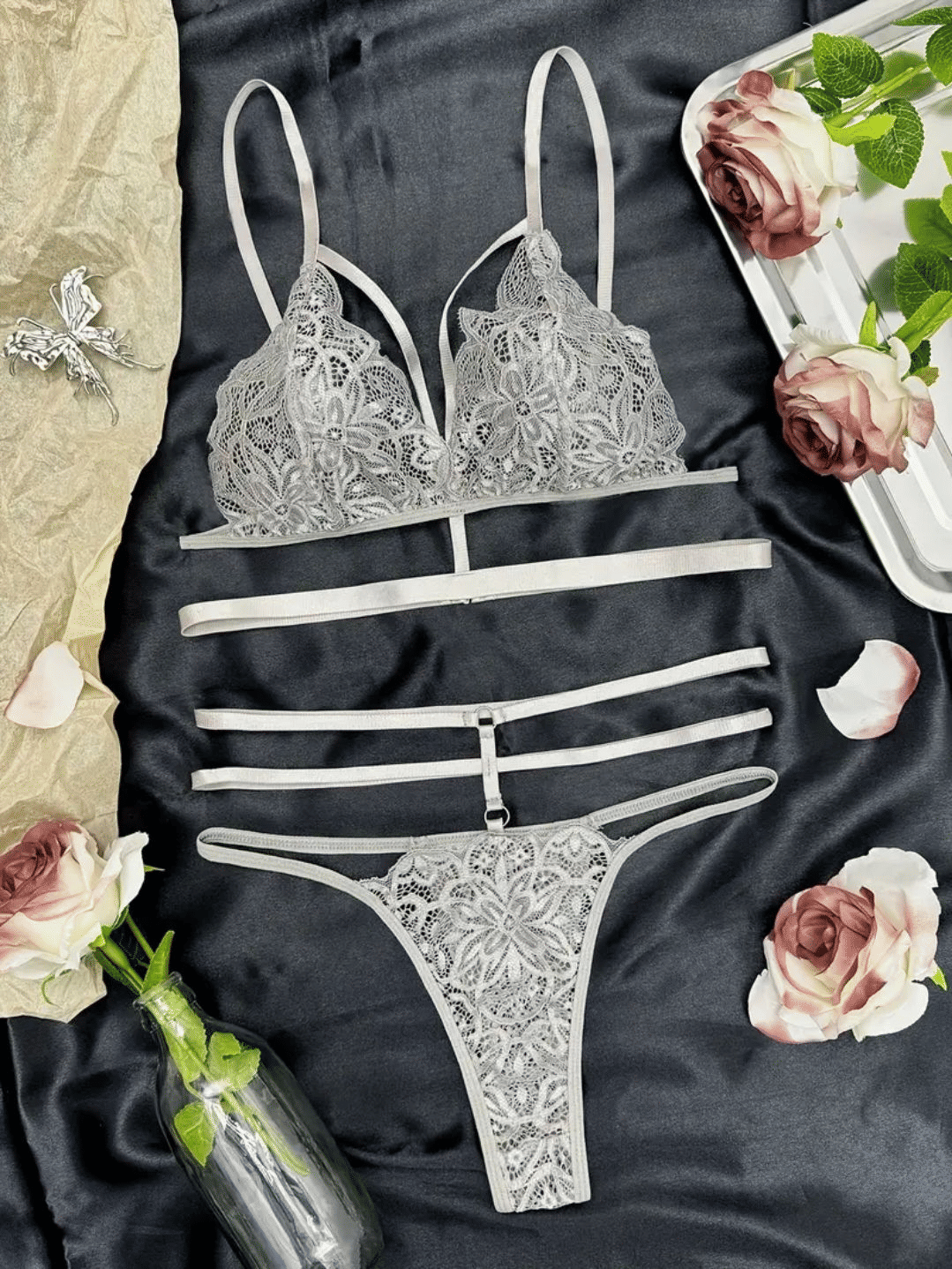 Women's Floral Lace Lingerie Set: Elegant Cut-Out Bra & Thong Underwear