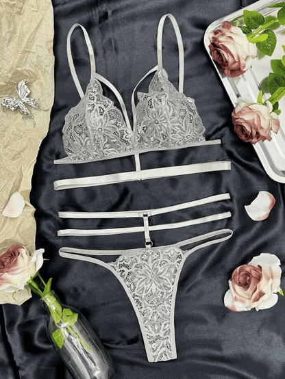 Women's Floral Lace Lingerie Set: Elegant Cut-Out Bra & Thong Underwear