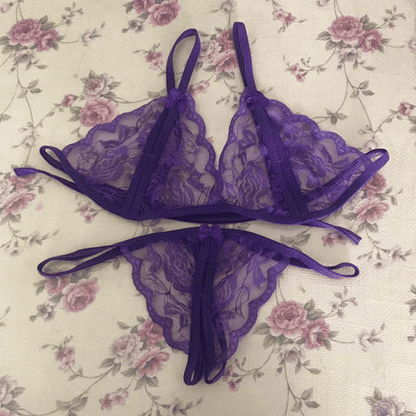 Sensual Three-Point Open Cut Lace Lingerie Set with Thong for Women