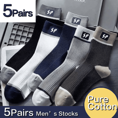 5 Pairs Men's Premium Cotton Blend Medium Sports Socks - Autumn & Winter Comfort