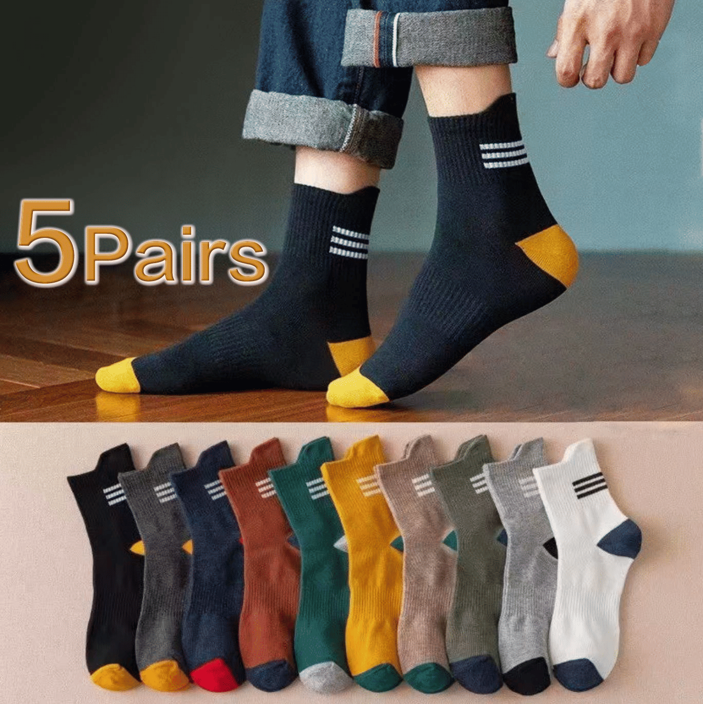 5 Pairs Men's Premium Cotton Blend Medium Sports Socks - Autumn & Winter Comfort