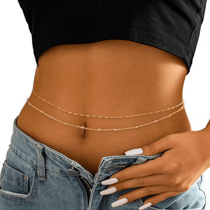 Elegant Double-Layer Gold Tone Bead & Twist Chain Women's Body Waist Jewelry