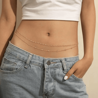 Elegant Double-Layer Gold Tone Bead & Twist Chain Women's Body Waist Jewelry