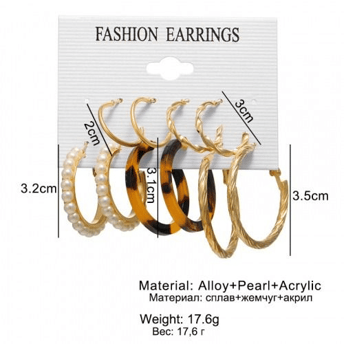 PINCHUAN Vintage 5-Pair Women's Hoop & Stud Earring Set, Leopard & Pearl Styles