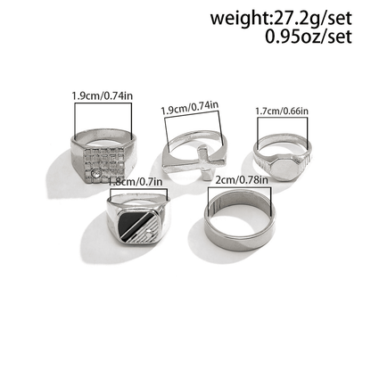 5-Piece Diamond-Studded Retro Titanium Steel Men's Ring Set, Silver Tone