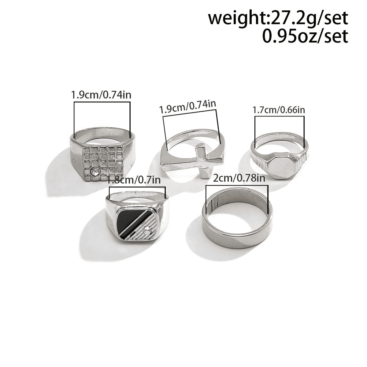 5Pcs Diamond-studded Square Retro Fashion Personalized Titanium Steel Men's Ring Set