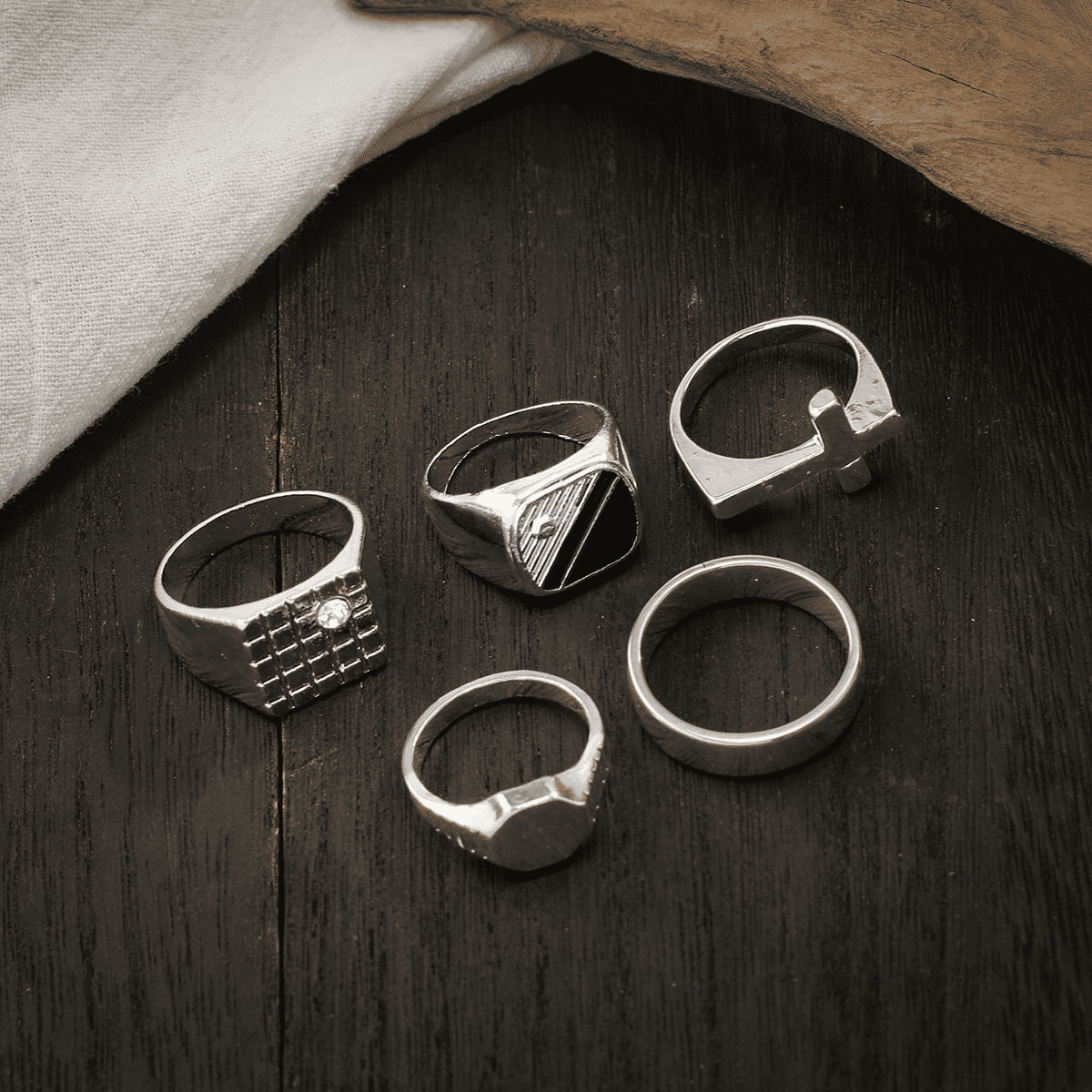 5-Piece Diamond-Studded Retro Titanium Steel Men's Ring Set, Silver Tone