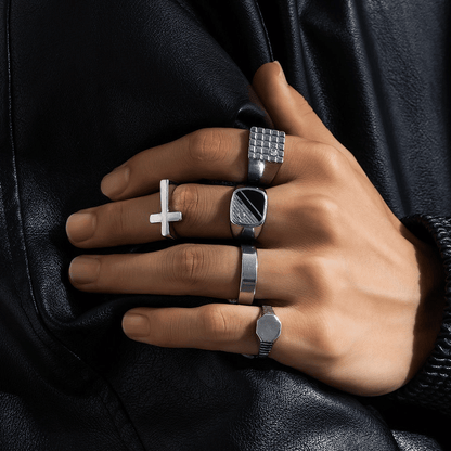 5Pcs Diamond-studded Square Retro Fashion Personalized Titanium Steel Men's Ring Set