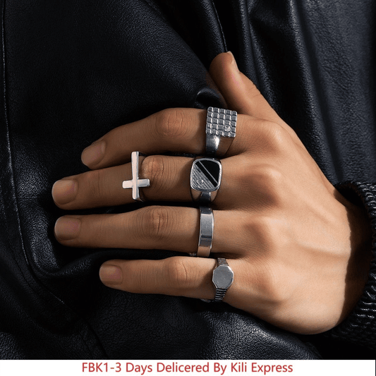 5-Piece Diamond-Studded Retro Titanium Steel Men's Ring Set, Silver Tone