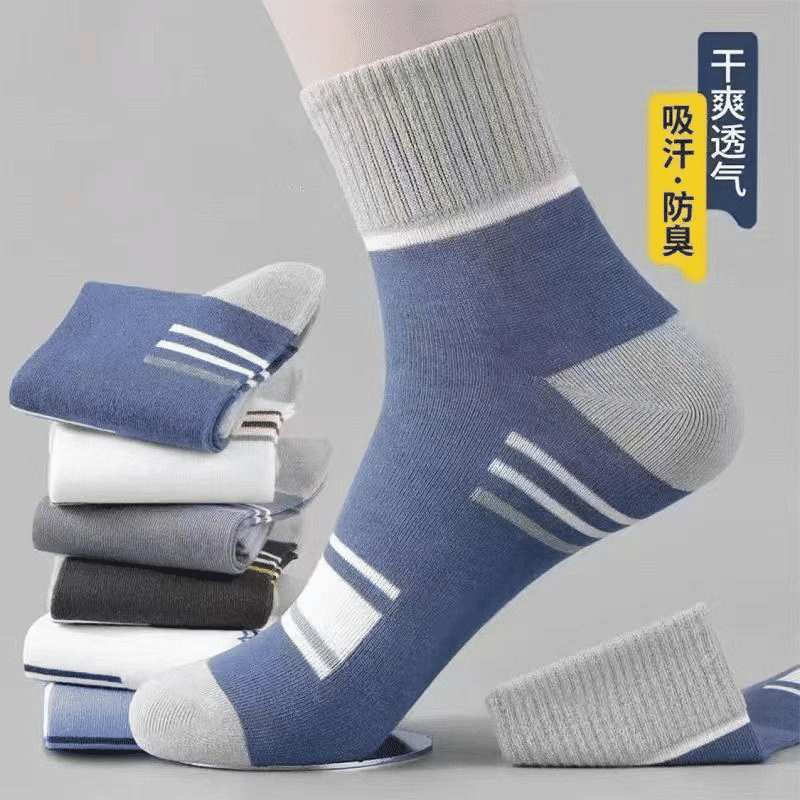 5-Pack Men's Breathable Mid-Calf Socks: Striped, Sweat-Absorbing, Odor-Proof for All-Season Comfort