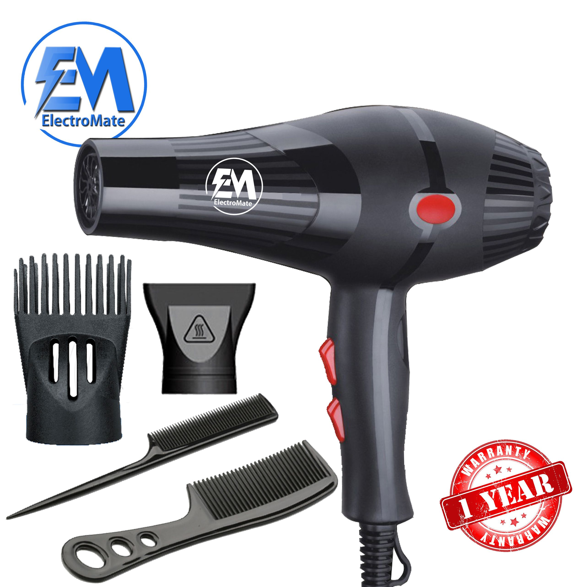 ElectroMate 2200W Professional Blow Dryer: 3-Speed, 2-Temp, Nozzles & Combs