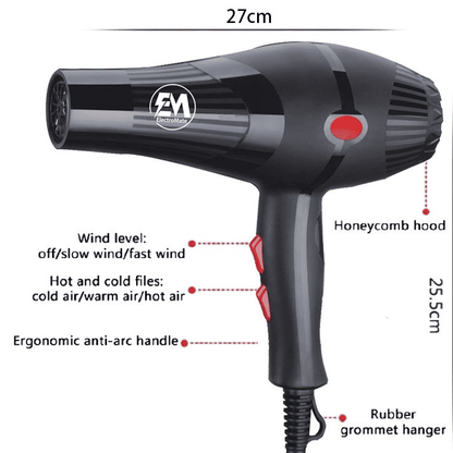 ElectroMate 2200W Professional Blow Dryer: 3-Speed, 2-Temp, Nozzles & Combs
