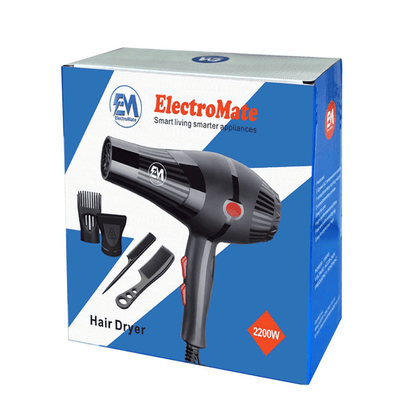 ElectroMate 2200W Professional Blow Dryer: 3-Speed, 2-Temp, Nozzles & Combs