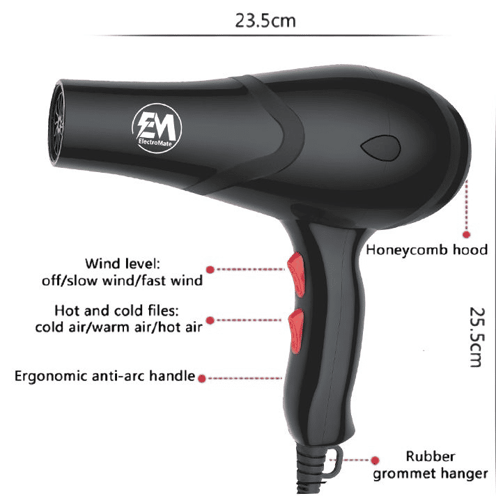 ElectroMate 2200W Professional Blow Dryer: 3-Speed, 2-Temp, Nozzles & Combs