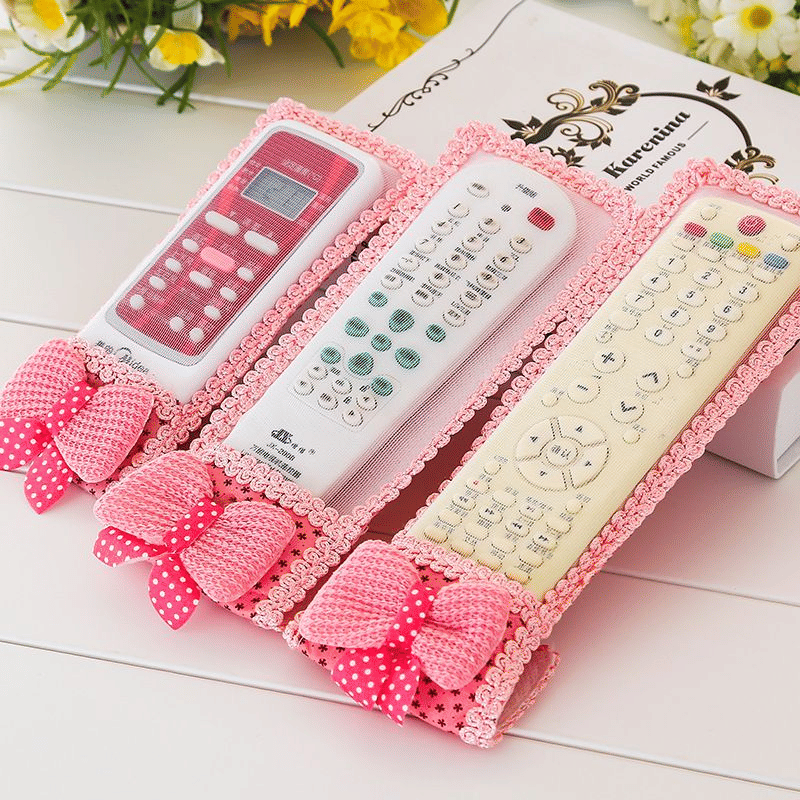 3-Piece Pink Fabric TV Remote Control Covers with Bowknots - Dustproof Protective Set