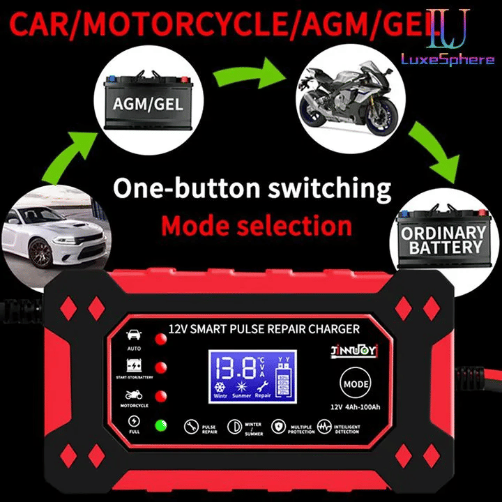 12V 6A Smart Car Battery Charger, Automatic Pulse Repair LCD Display for AGM GEL Lead-Acid