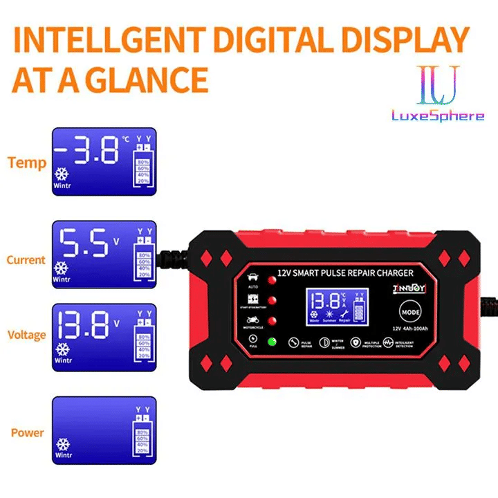 12V 6A Smart Car Battery Charger, Automatic Pulse Repair LCD Display for AGM GEL Lead-Acid