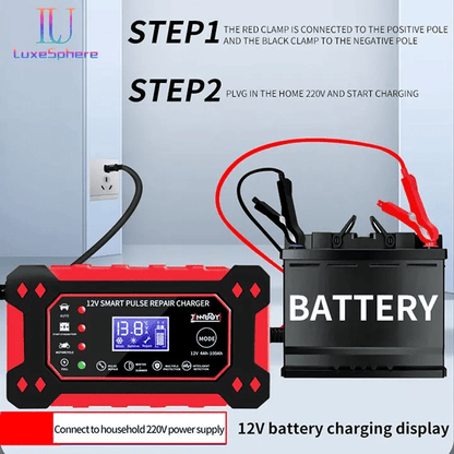 12V 6A Smart Car Battery Charger, Automatic Pulse Repair LCD Display for AGM GEL Lead-Acid