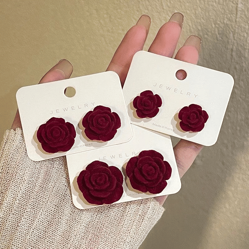 Elegant French Wine Red Velvet Rose Stud Earrings - 8mm Vintage Style