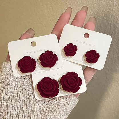 Elegant French Wine Red Velvet Rose Stud Earrings - 8mm Vintage Style