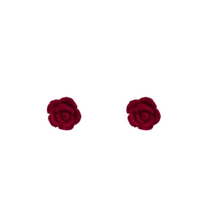 Elegant French Wine Red Velvet Rose Stud Earrings - 8mm Vintage Style