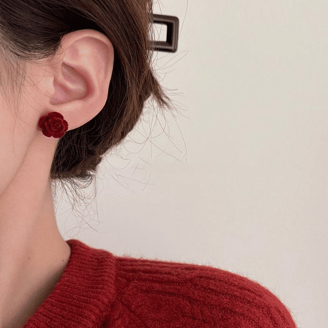 Elegant French Wine Red Velvet Rose Stud Earrings - 8mm Vintage Style