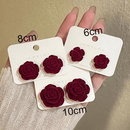 Elegant French Wine Red Velvet Rose Stud Earrings - 8mm Vintage Style